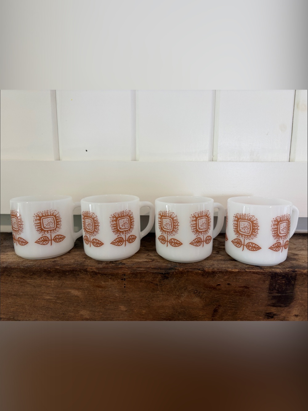 Vintage Federal Glass Co. White Milk Glass Mugs Brown Floral Pattern - Set of 4